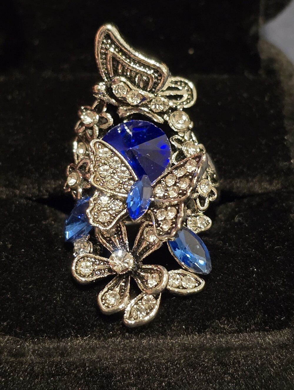 Elegant Blue Crystal Butterfly Cocktail Ring